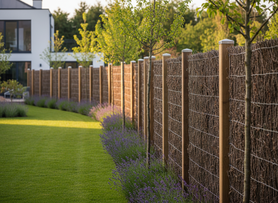 A long, elegant garden fence made of dense, dark brown brande panels framed by smooth planed wood posts, each post capped with a discreet metal top plate. The fence follows the curve of a landscaped backyard with trimmed lawn, lavender borders and young trees. Late afternoon natural light bathes the scene, creating warm highlights on the wood grain and soft shadows between the brande heather branches. Photographic realism at eye level, with the fence running in perspective along the right third of the frame and the garden softly blurred in the background. The mood is calm, high-end and professional, showcasing privacy, durability and natural aesthetics for residential clients.