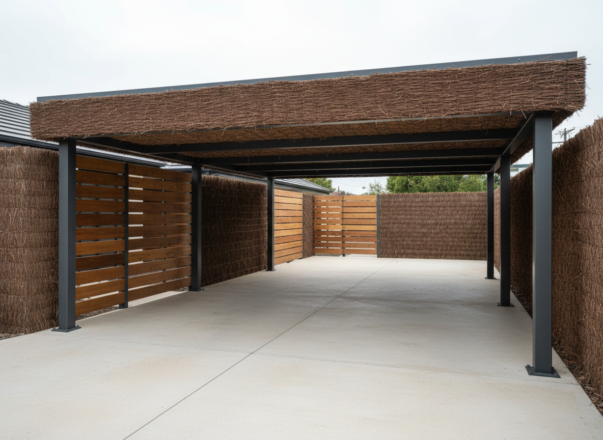 A modern carport structure combining sturdy metal posts in a matte anthracite finish with a thick, tightly woven brande roof that provides deep shade. Beneath it, a clean, light-colored concrete driveway extends into a neatly organized courtyard bordered by wooden and brande screens. Soft overcast daylight ensures even, diffused lighting with minimal harsh shadows, emphasizing textures of metal, heather and smooth concrete. Shot from a slightly elevated angle to reveal the carport’s structure and integration into the property. The mood is contemporary and reassuring, conveying robust protection for vehicles while preserving a natural, organic appearance suitable for professional and private installations.