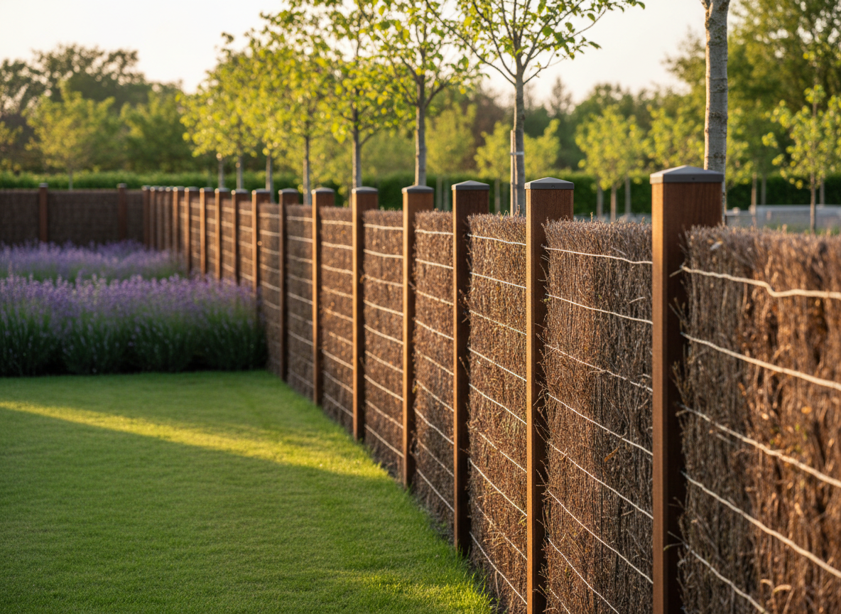 A long, elegant garden fence made of dense, dark brown brande panels framed by smooth planed wood posts, each post capped with a discreet metal top plate. The fence follows the curve of a landscaped backyard with trimmed lawn, lavender borders and young trees. Late afternoon natural light bathes the scene, creating warm highlights on the wood grain and soft shadows between the brande heather branches. Photographic realism at eye level, with the fence running in perspective along the right third of the frame and the garden softly blurred in the background. The mood is calm, high-end and professional, showcasing privacy, durability and natural aesthetics for residential clients.