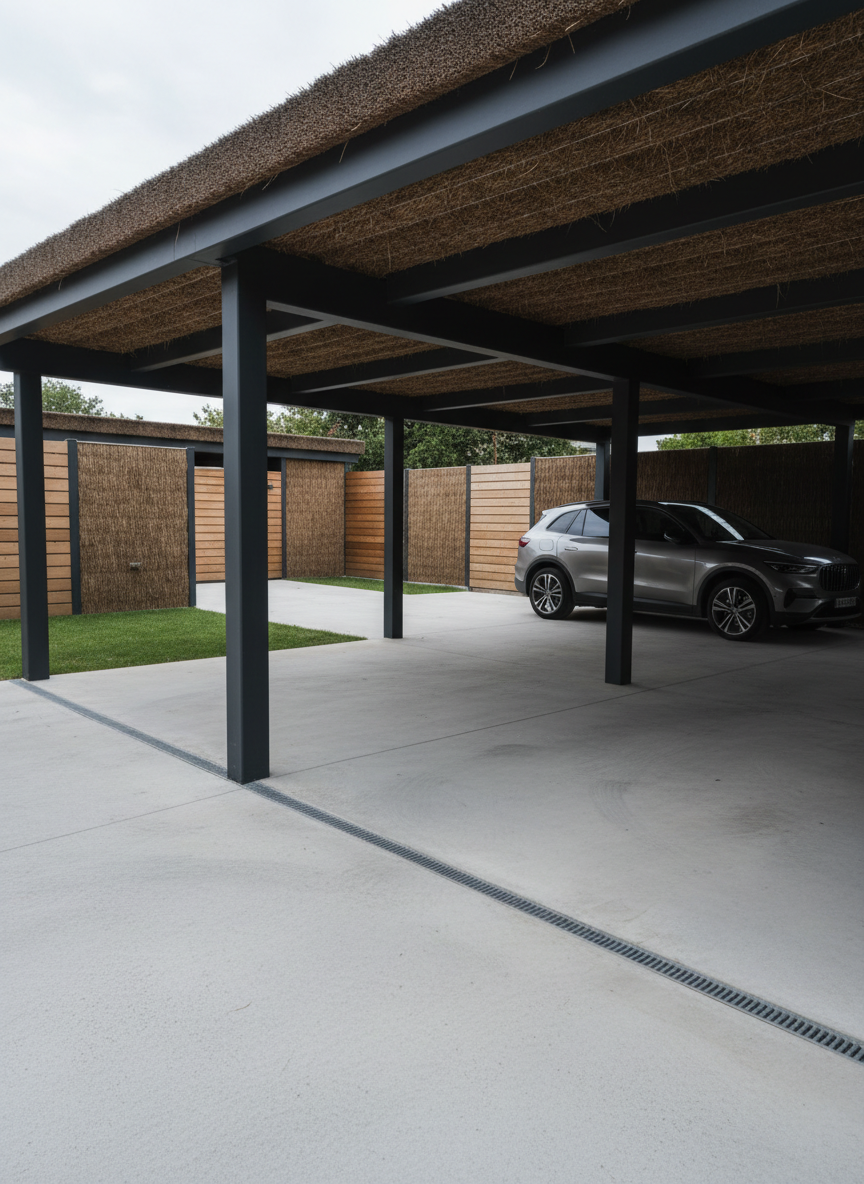 A modern carport structure combining sturdy metal posts in a matte anthracite finish with a thick, tightly woven brande roof that provides deep shade. Beneath it, a clean, light-colored concrete driveway extends into a neatly organized courtyard bordered by wooden and brande screens. Soft overcast daylight ensures even, diffused lighting with minimal harsh shadows, emphasizing textures of metal, heather and smooth concrete. Shot from a slightly elevated angle to reveal the carport’s structure and integration into the property. The mood is contemporary and reassuring, conveying robust protection for vehicles while preserving a natural, organic appearance suitable for professional and private installations.