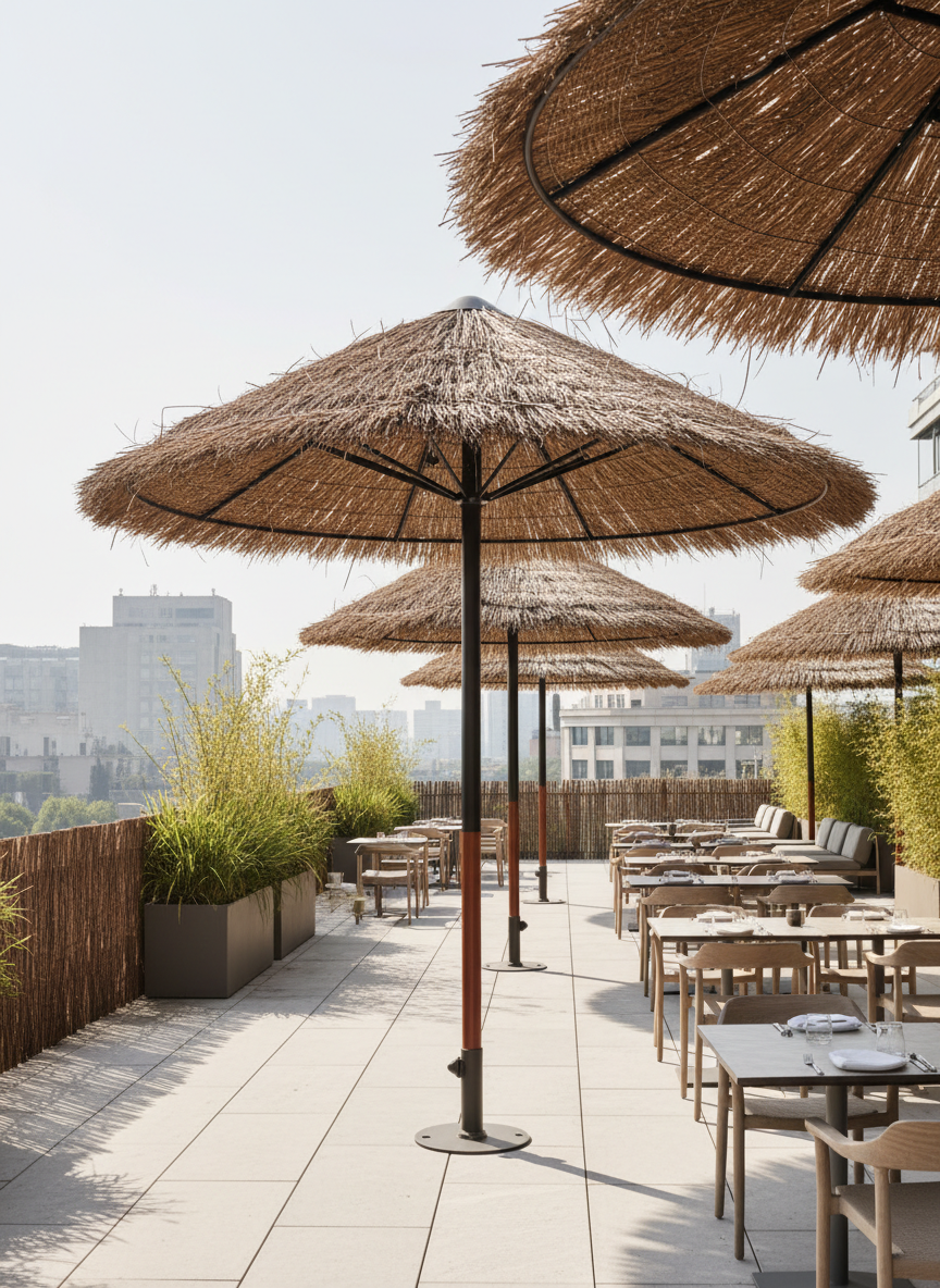A spacious professional terrace for a restaurant or hotel, shaded by several large brande parasol structures mounted on discreet metal poles with wooden detailing, creating a warm, natural canopy. The brande fibers form thick, protective layers that cast generous, cool shade on a smooth stone or composite deck. Beyond the terrace, planters with tall grasses and a low brande screen fence define the perimeter, with distant buildings softly blurred. Captured in bright but slightly diffused midday light to avoid harsh contrast, highlighting the natural textures and craftsmanship. Wide-angle, eye-level photographic realism with a clean, organized composition that communicates comfort, durability and a premium outdoor ambiance for commercial clients.