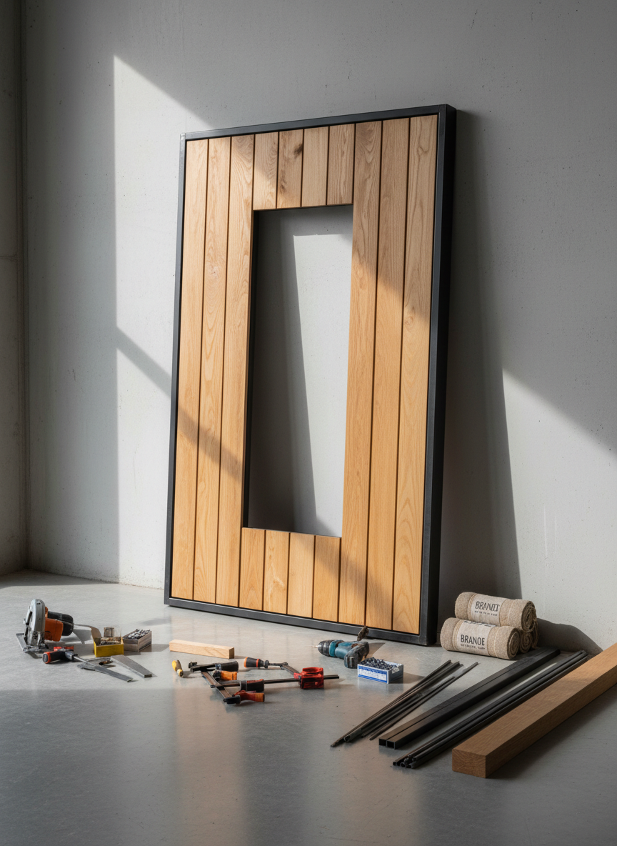 A workshop-inspired scene showing a partially assembled custom wood and metal panel leaning against a clean wall: robust vertical wooden slats in warm honey tones framed by a dark matte metal structure, ready to be combined with brande infill. Around it, neatly arranged tools, stacked brande bundles and metal profiles suggest precise craftsmanship without showing any people. Natural side light entering from an unseen window creates directional highlights on the wood grain and subtle reflections on the metal. Photographic realism, shot at a slightly elevated angle with sharp focus throughout. The mood is professional, meticulous and trustworthy, emphasizing made-to-measure fabrication capabilities in wood and metal for demanding projects.