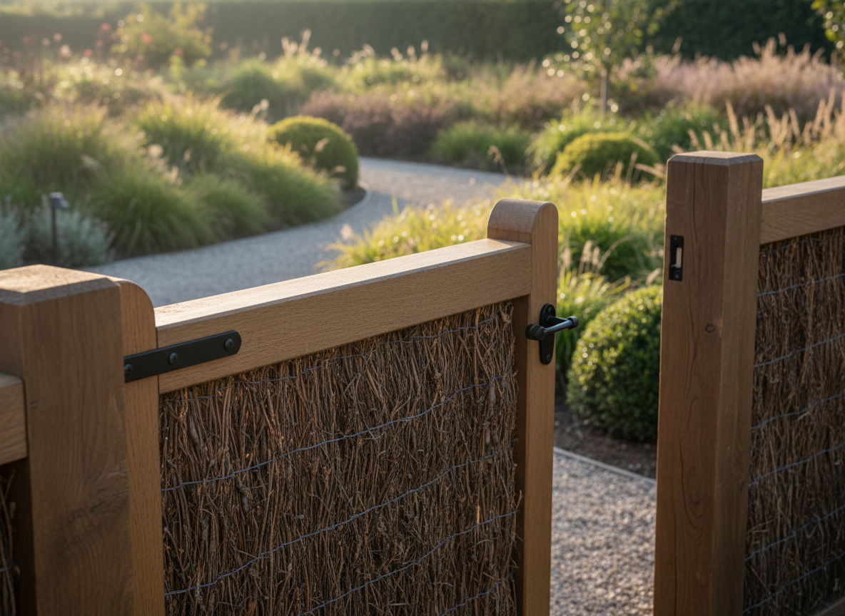 A close-up, three-quarter view of a handcrafted brande garden gate integrated into a matching fence, framed by robust wooden uprights and a minimalist metal latch detail with no visible branding. The brande infill shows intricate texture, tightly bundled for opacity, with a clean, aligned top edge. The gate opens onto a gravel path leading through a landscaped side garden with ornamental grasses and low shrubs, softly out of focus. Soft morning light enhances the natural colors and casts gentle shadows along the wooden frame. Photographic realism, shallow depth of field, and a calm, secure mood, ideal for presenting high-quality portillons and access points for residential or professional properties.
