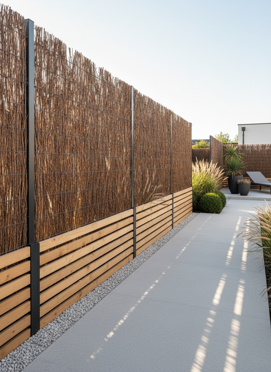 A long garden boundary combining alternating sections of full-height brande panels and lower wooden fences with horizontal slats, all mounted on discreet metal posts, enclosing a contemporary backyard. The brande panels provide total privacy, while the wooden sections allow filtered views of ornamental grasses and shrubs inside the garden. Late afternoon sunlight rakes across the surfaces, accentuating texture and casting elongated shadows on a smooth gravel strip at the base. Photographic realism with a wide horizontal composition, the fence running diagonally from foreground to background to emphasize length and modularity. The mood is sophisticated and serene, demonstrating versatile perimeter solutions for both homeowners and professionals.