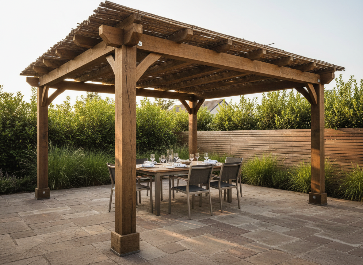A custom wooden pergola with a brande roof, its solid square-section posts anchored in a stone terrace, creating an intimate outdoor dining area. The brande layer above is dense yet textured, with subtle variations in color from deep brown to warm ochre, filtering golden early-evening sunlight into soft, dappled patterns on the ground. In the background, a discreet wooden fence and tall shrubs provide privacy without clutter. Photographic realism with a wide-angle lens at eye level, capturing both structure and ambiance. The atmosphere is welcoming and refined, ideal for illustrating premium garden living solutions designed and built to measure in wood and complementary metal details.