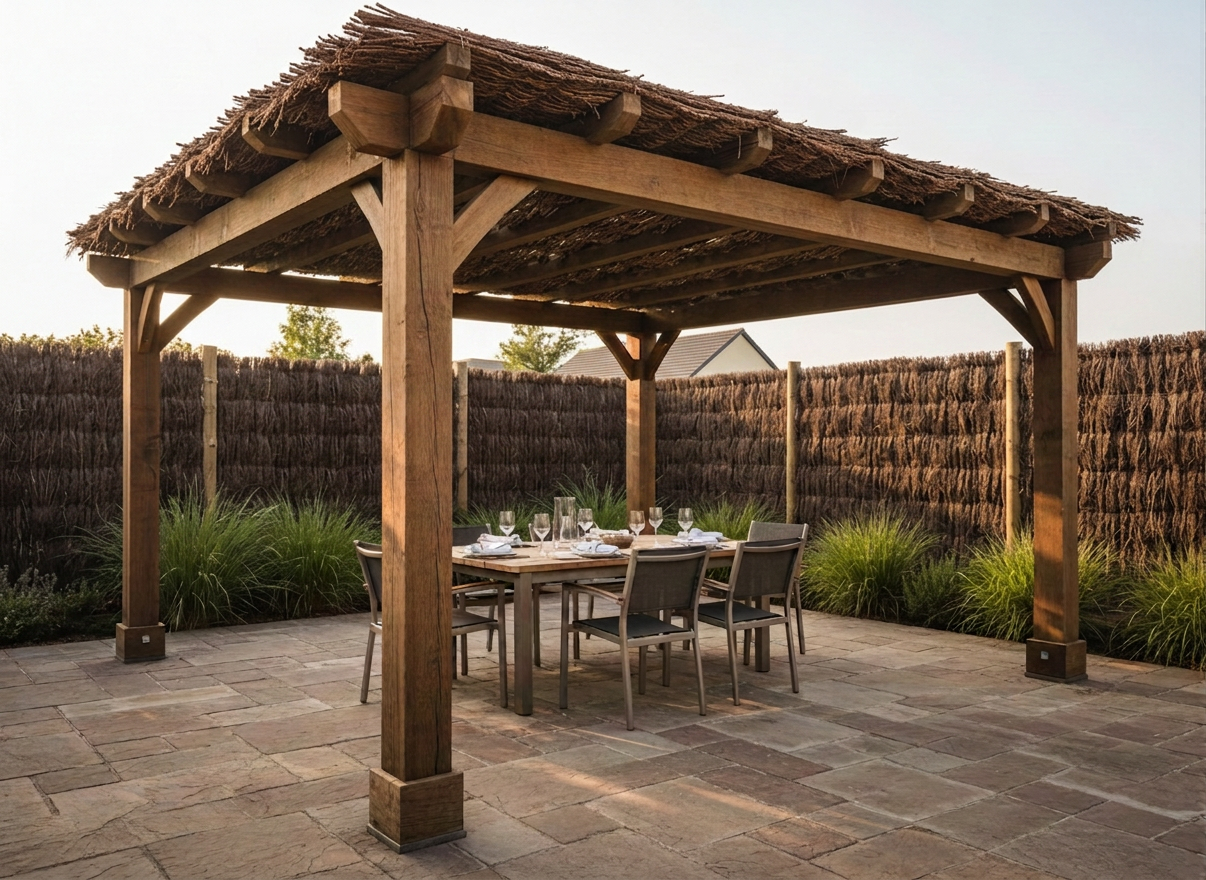 A custom wooden pergola with a brande roof, its solid square-section posts anchored in a stone terrace, creating an intimate outdoor dining area. The brande layer above is dense yet textured, with subtle variations in color from deep brown to warm ochre, filtering golden early-evening sunlight into soft, dappled patterns on the ground. In the background, a discreet wooden fence and tall shrubs provide privacy without clutter. Photographic realism with a wide-angle lens at eye level, capturing both structure and ambiance. The atmosphere is welcoming and refined, ideal for illustrating premium garden living solutions designed and built to measure in wood and complementary metal details.