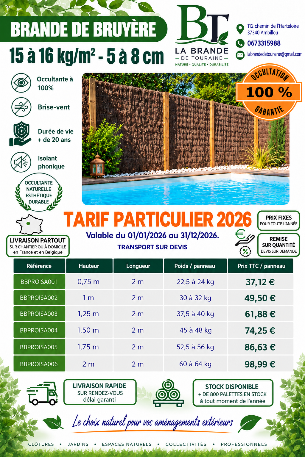 Tarif particulier 2026 – Brande de bruyère 15 à 16 kg/m², panneaux BBPROISA, occultation 100 %, durée de vie +20 ans