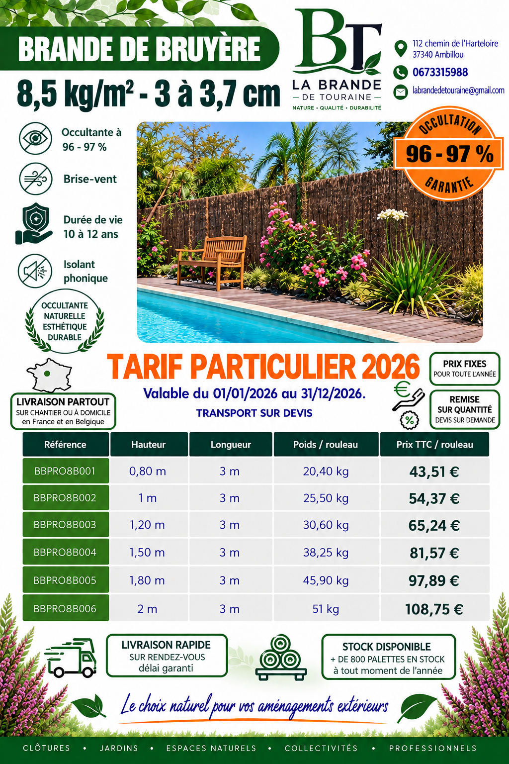 Tarif particulier 2026 – Brande de bruyère 8,5 kg/m², rouleaux BBPRO8B, occultation 96-97 %, durée de vie 10-12 ans