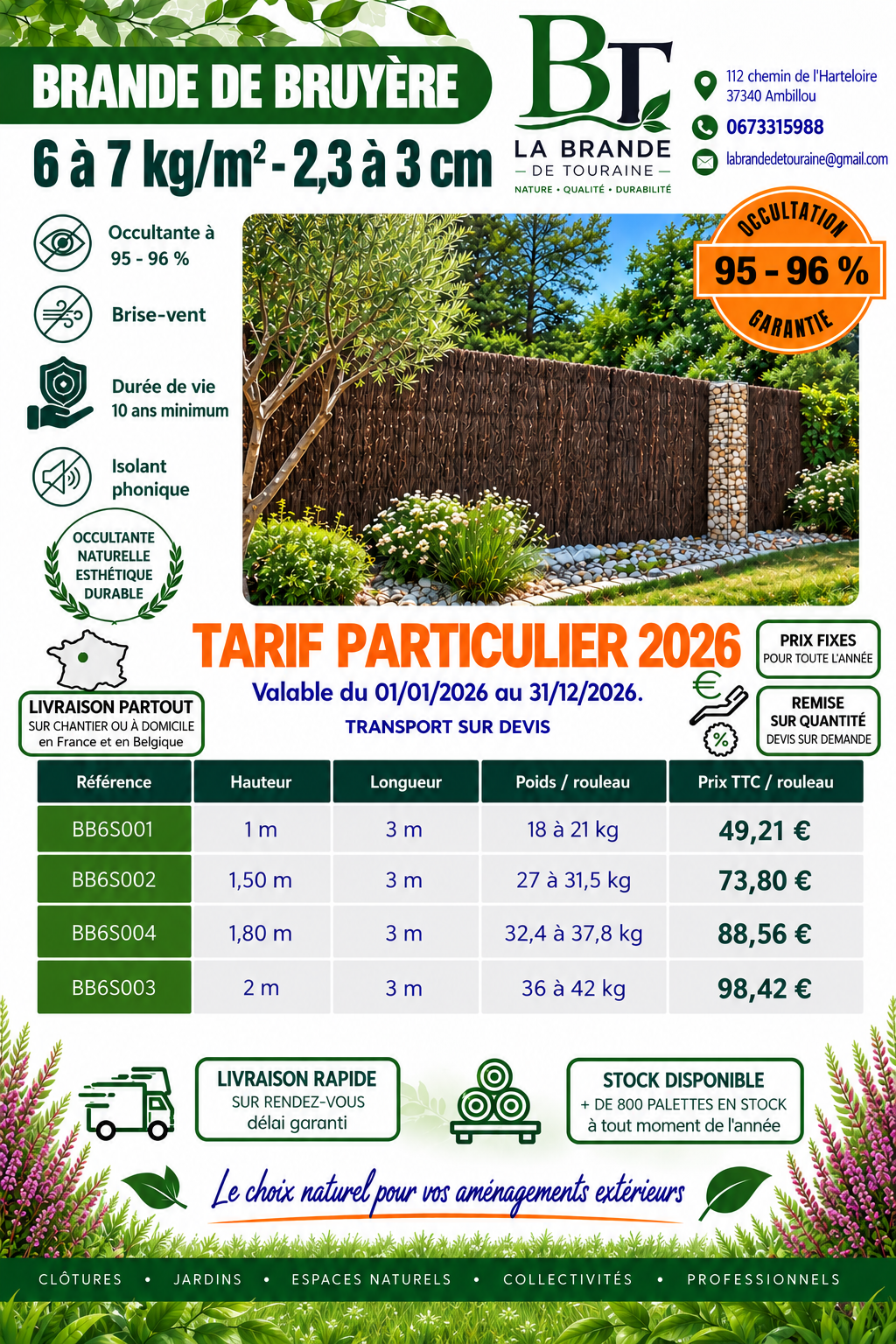 Tarif particulier 2026 – Brande de bruyère 6 à 7 kg/m², rouleaux BB6S, occultation 95-96 %, durée de vie 10 ans minimum