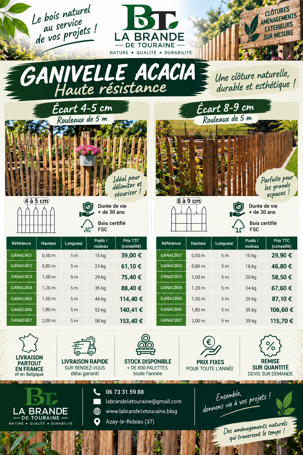 Tarif particulier 2026 – Ganivelle acacia haute résistance, écart 4-5 cm et 8-9 cm, rouleaux de 5 m, durée de vie +30 ans