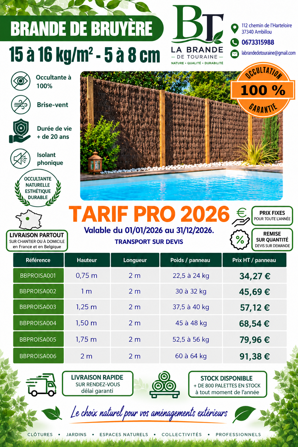 Tarif professionnel 2026 – Brande de bruyère 15 à 16 kg/m², panneaux BBPROISA, occultation 100 %