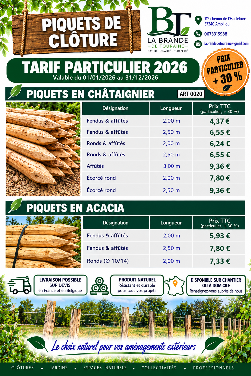 Tarif particulier 2026 – Piquets de clôture en châtaignier et acacia, fendus et ronds, 2 à 3 m de longueur