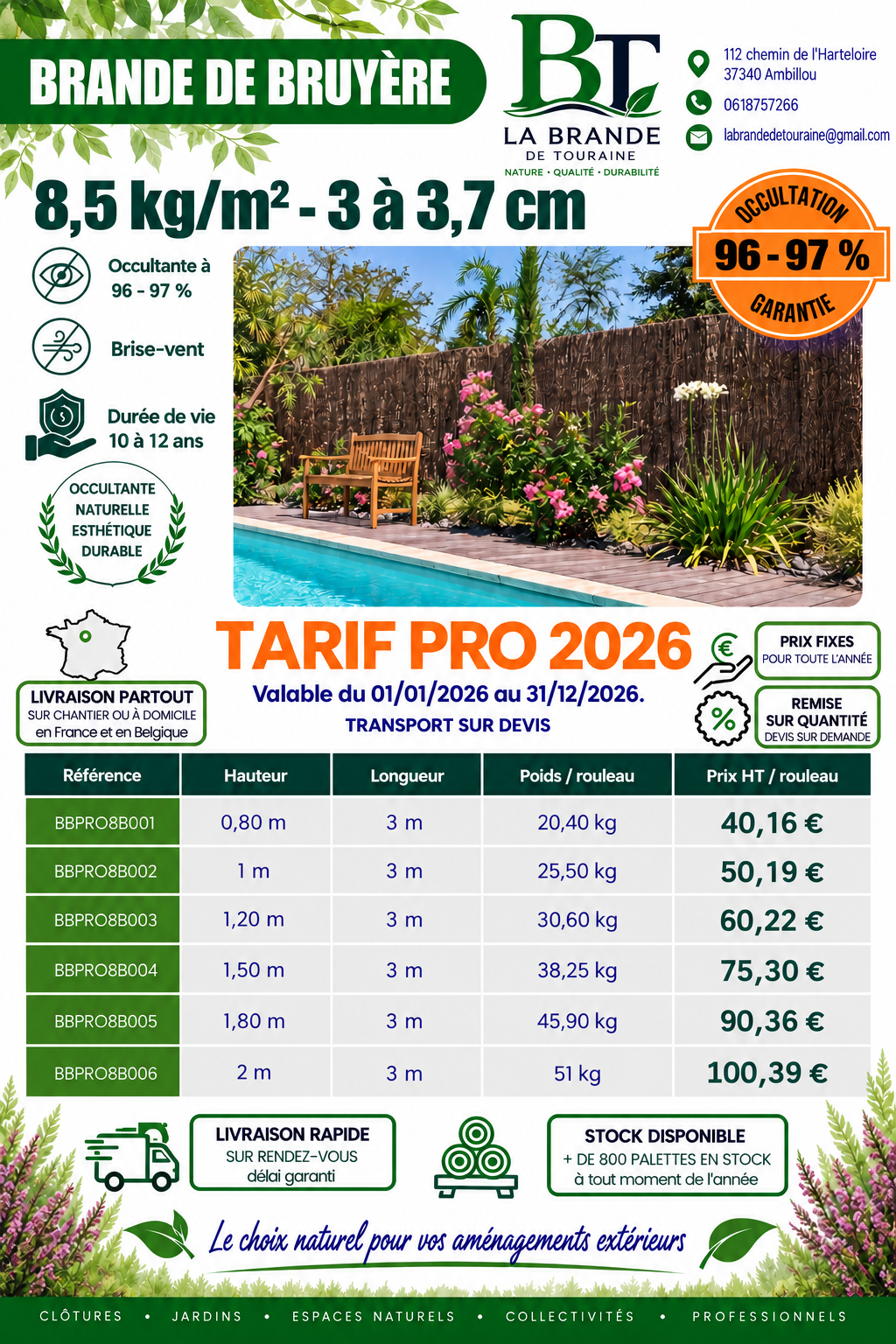 Tarif professionnel 2026 – Brande de bruyère 8,5 kg/m², rouleaux BBPRO8B, occultation 96–97 %