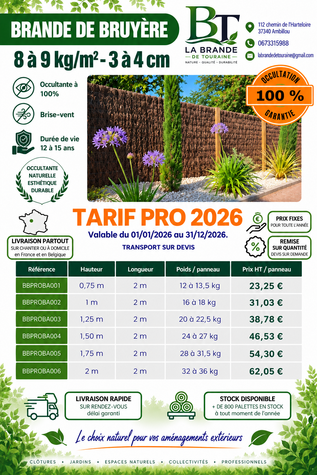 Tarif professionnel 2026 – Brande de bruyère 8 à 9 kg/m², panneaux BBPROBA, occultation 100 %