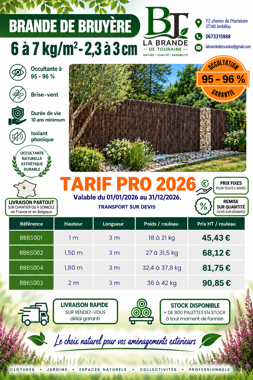 Tarif professionnel 2026 – Brande de bruyère 6 à 7 kg/m², rouleaux BB6S, occultation 95–96 %