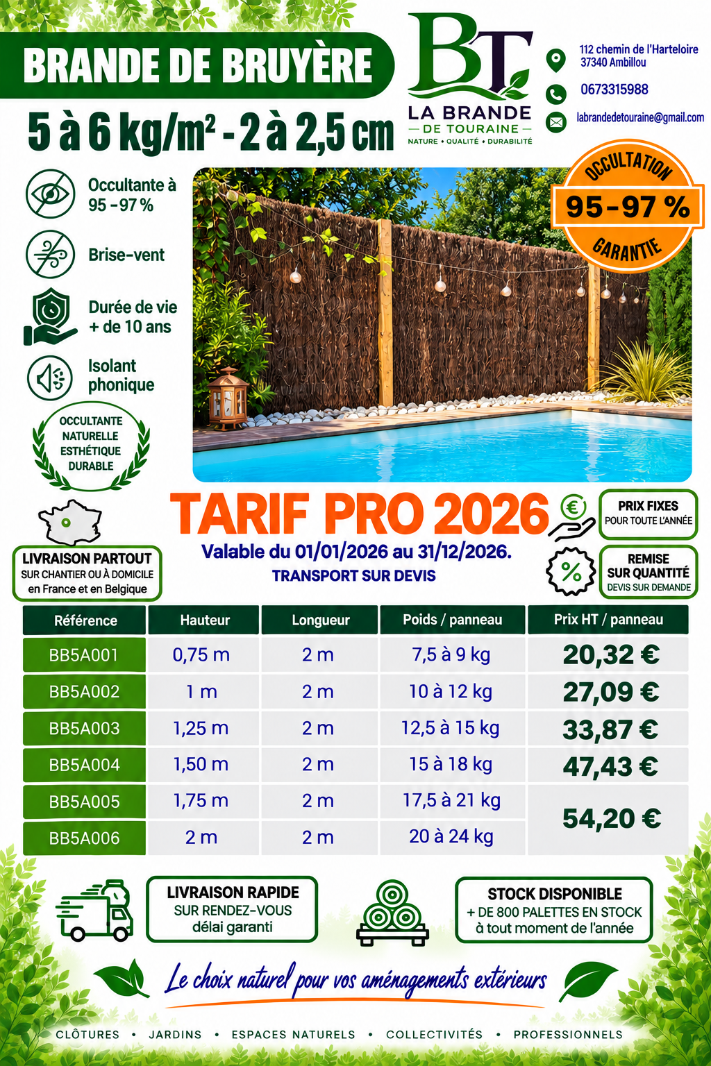 Tarif professionnel 2026 – Brande de bruyère 5 à 6 kg/m², panneaux BB5A, occultation 95–97 %